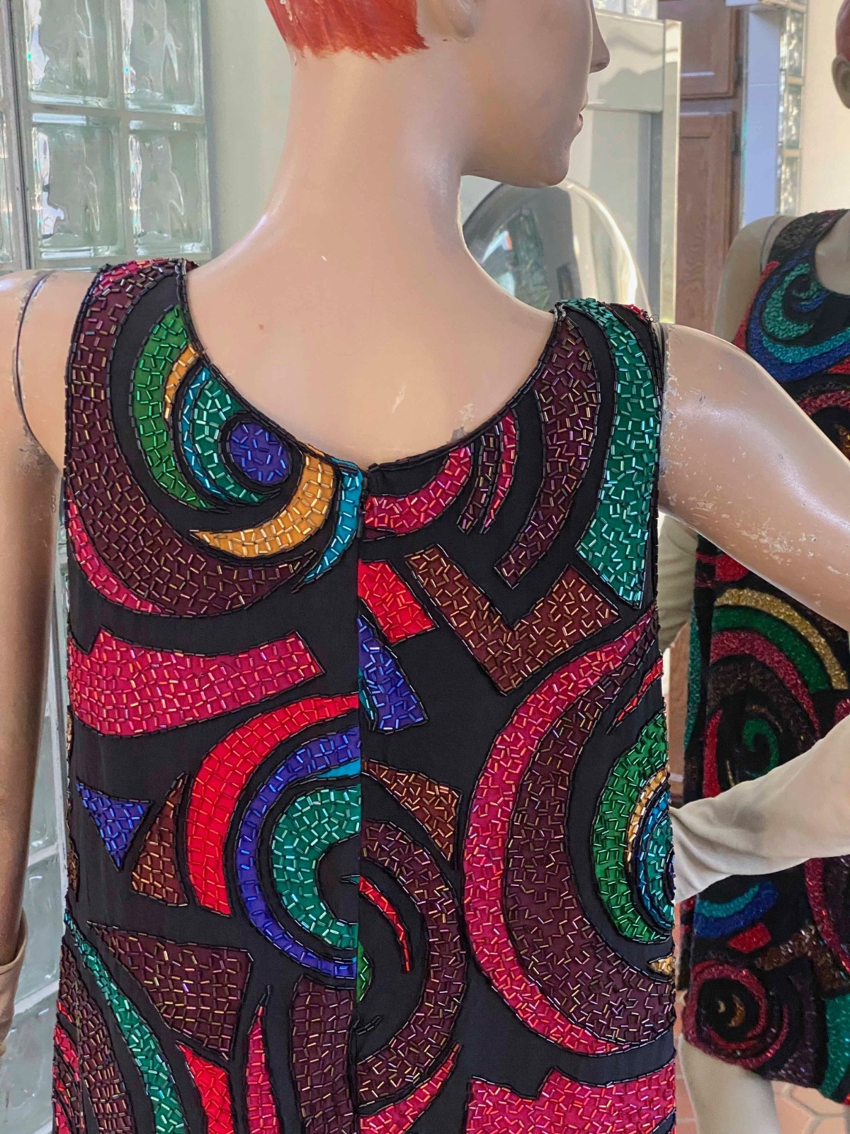 VTG 70s Black Silk Multicolor Psychedelic Beaded Dress 10 Unique A LINE