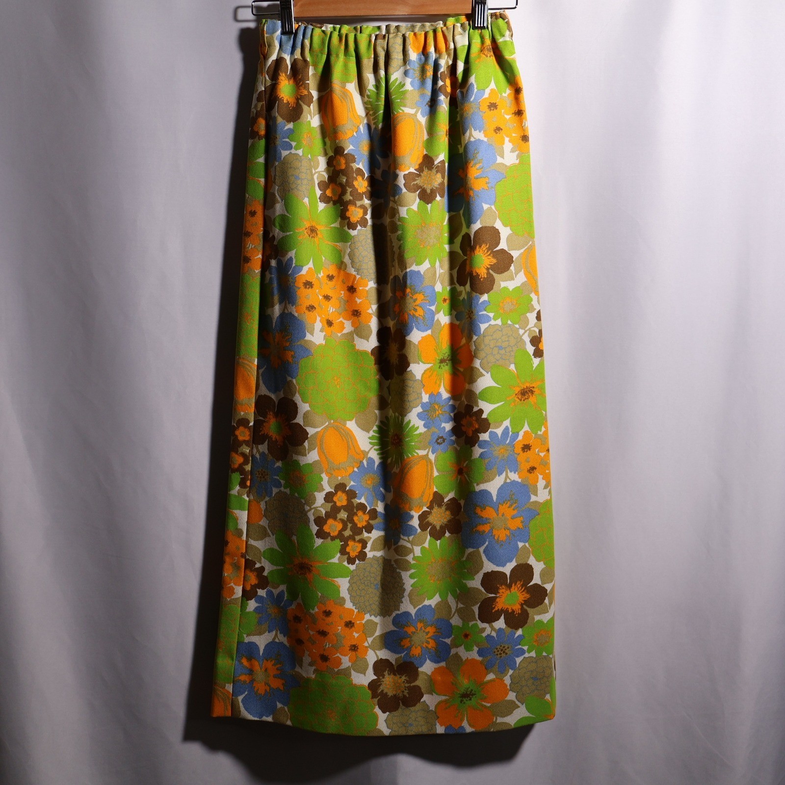 Vintage 70s Floral Maxi Skirt Green Orange Blue Psychedelic Retro Flower Power S