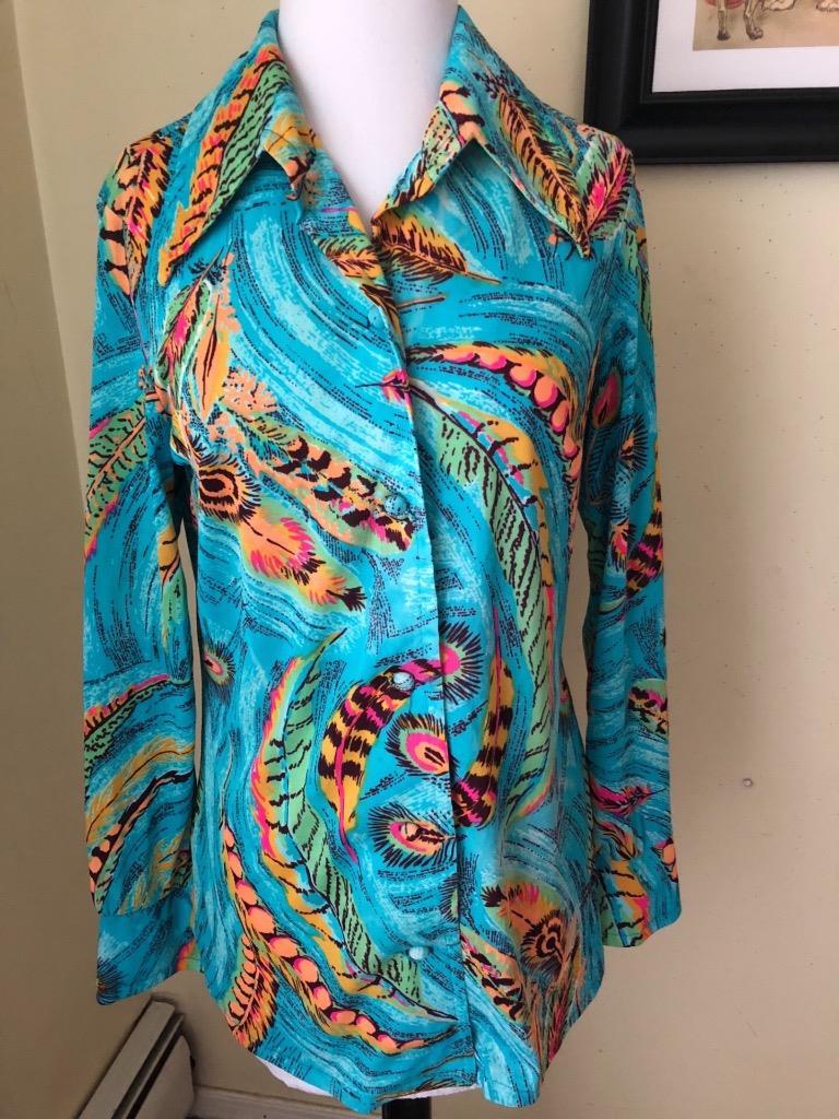 Vintage 1970’s Turquoise Blue Peacock Blouse Feathers Multi Colored Nylon Sz M