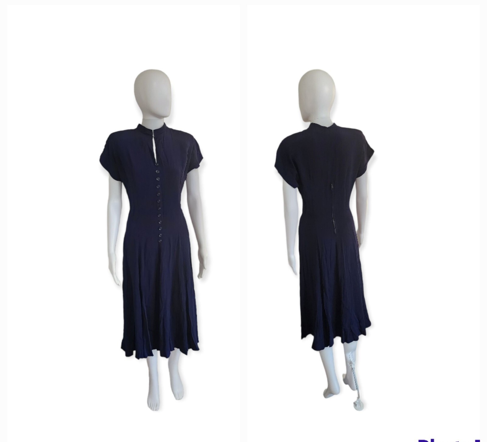 Vintage 40s Navy Silk Crepe Fit Flare Midi Dress Buttons W26″