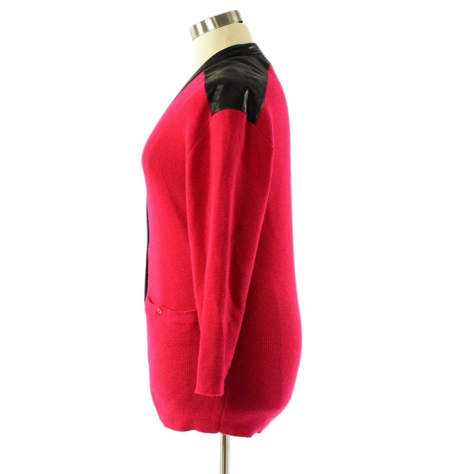80s Vintage Red Wool Leather Trim Long Cardigan Jacket Eleanor Brenner Womens M