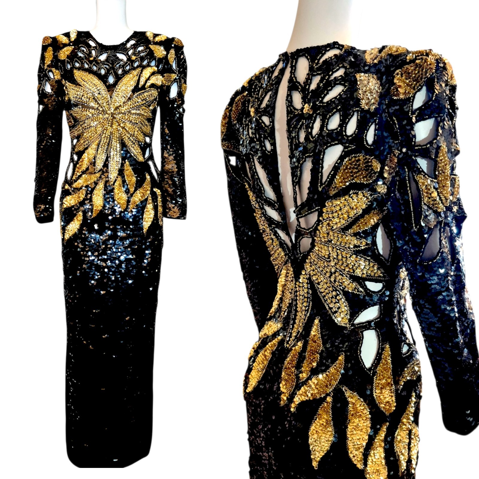 Vtg 80s Long Gold & Black Sequin Formal Dress Sz S Cutout Floral Pageant Prom