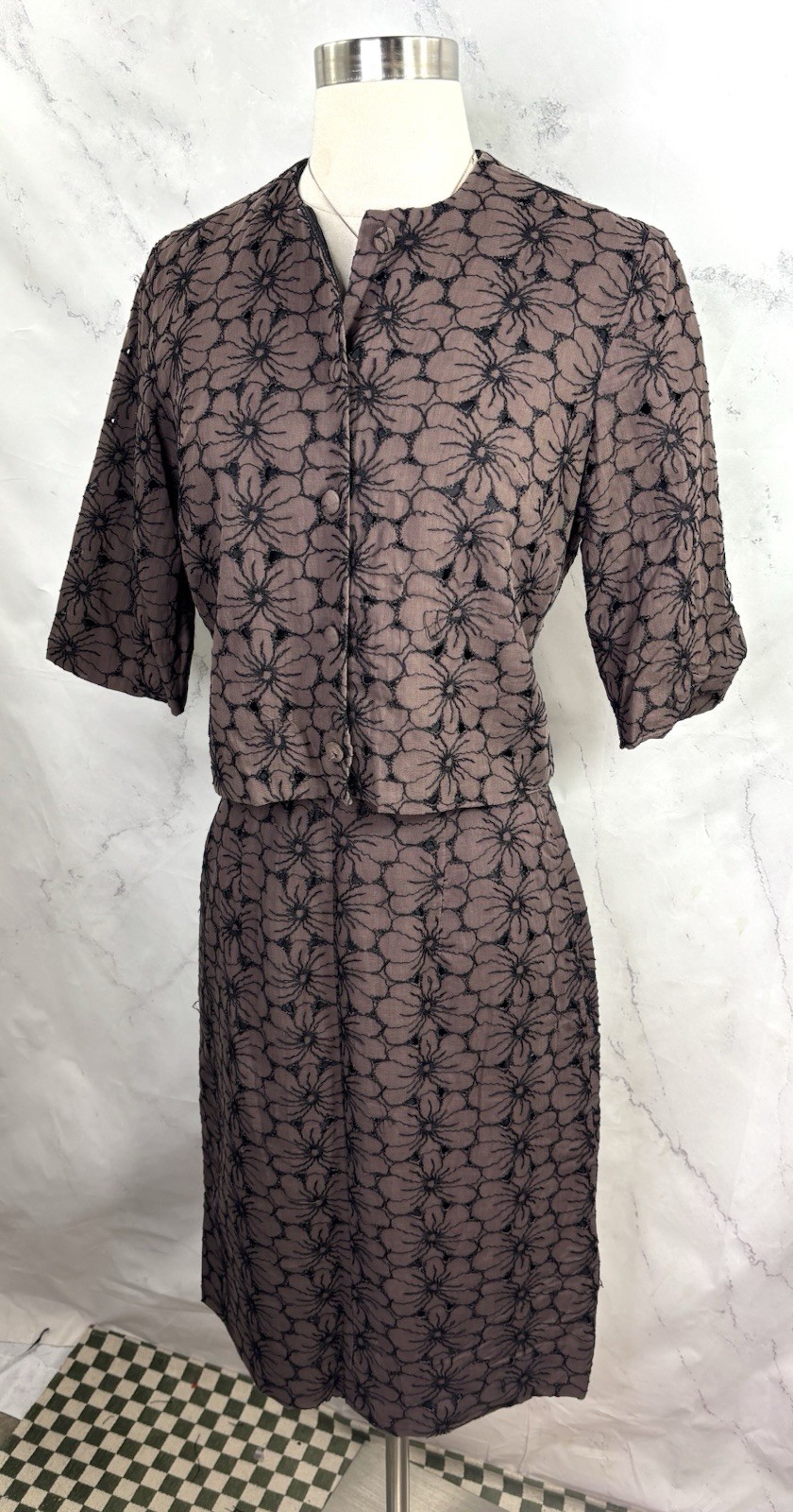 VTG 50s Union Label Floral Skirt Suit Set Brown Black MCM Wiggle Mad Max S 1950s