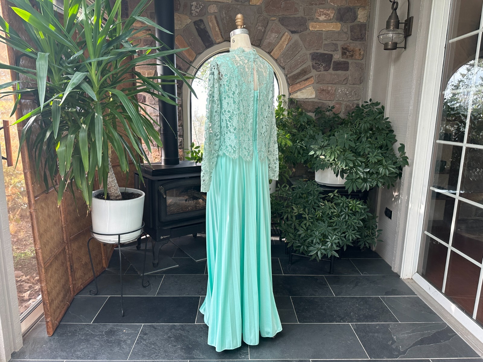 Vintage 1970s Goddess Mint Green Pleated Knit Evening Dress with Lace Jacket