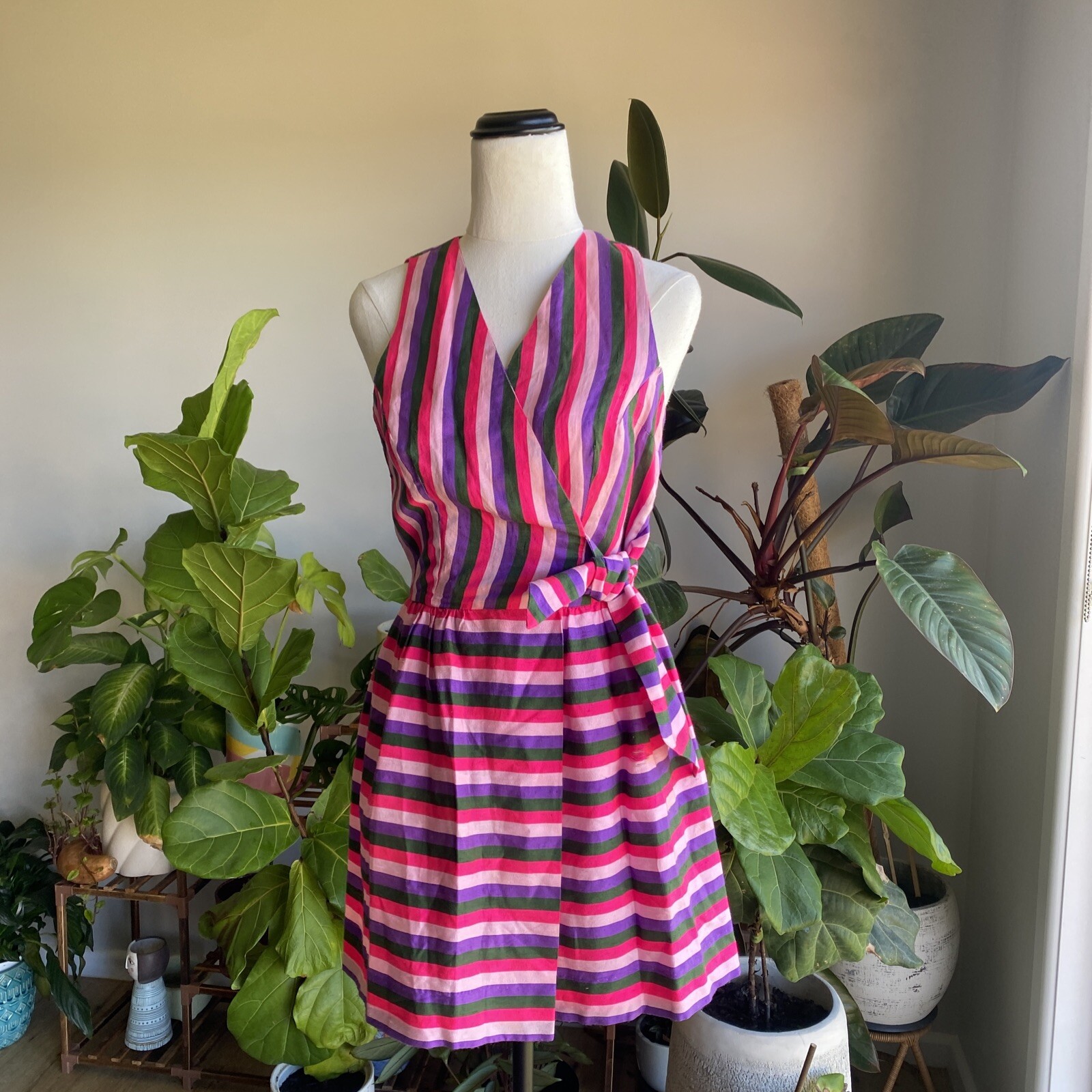 Vintage Prue Acton Dress Fits Au 8 XS/S Multicolour Stripe Silk Wrap Mini Dress