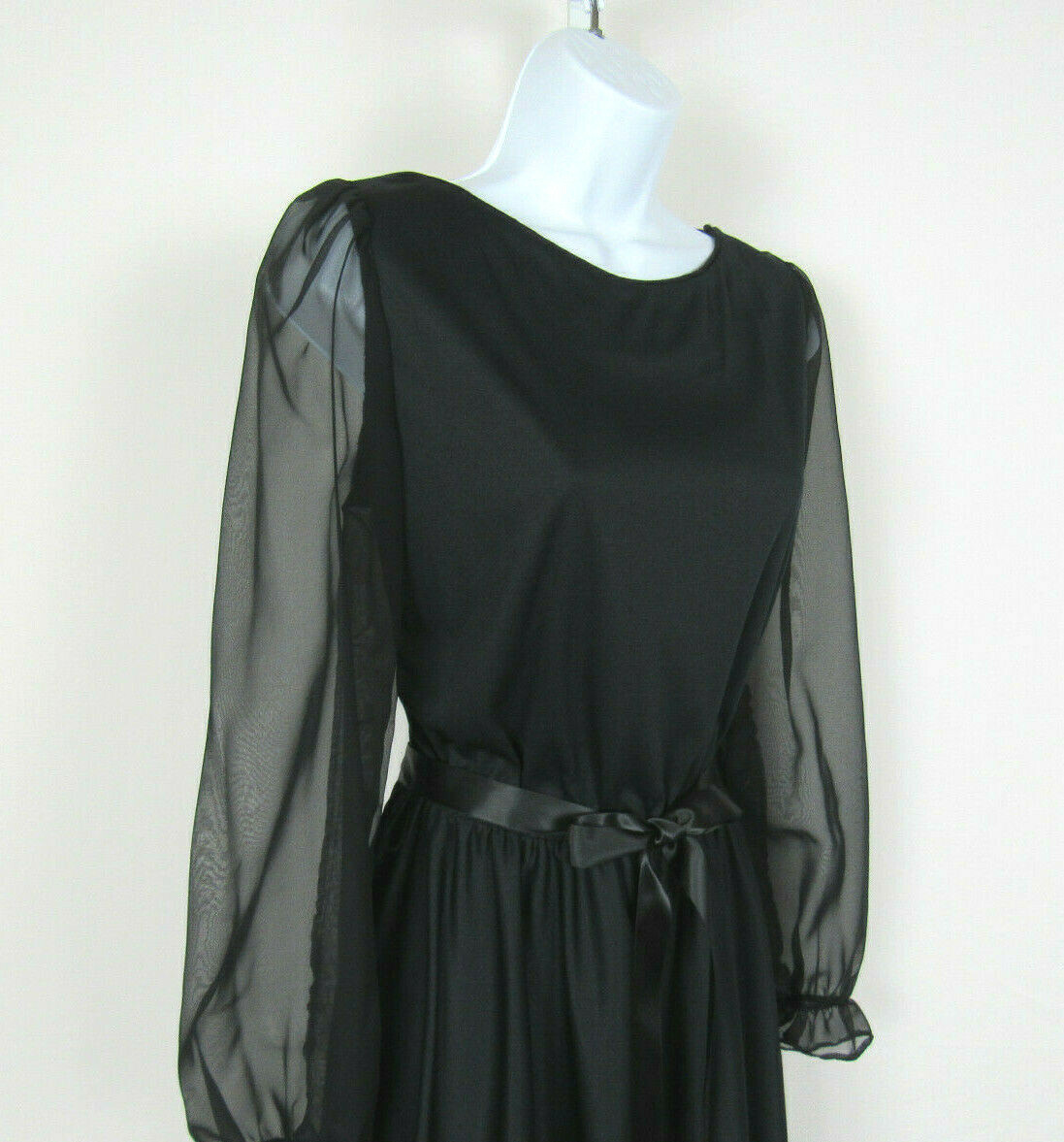 VTG 1960s GEORGE ORIGINALS BLACK DRESS SIZE 12 POLY CHIFFON ARMS RIBBON BELT