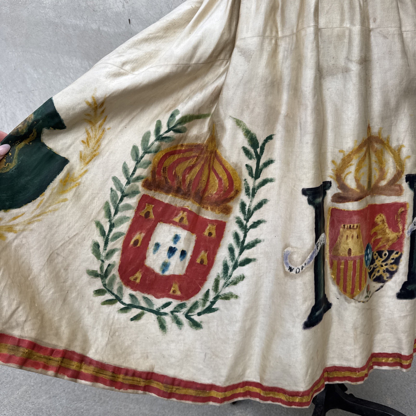 Vintage 1930s Hand Painted Silk Satin & Gold Lamé Dress Crests Snakes Lions