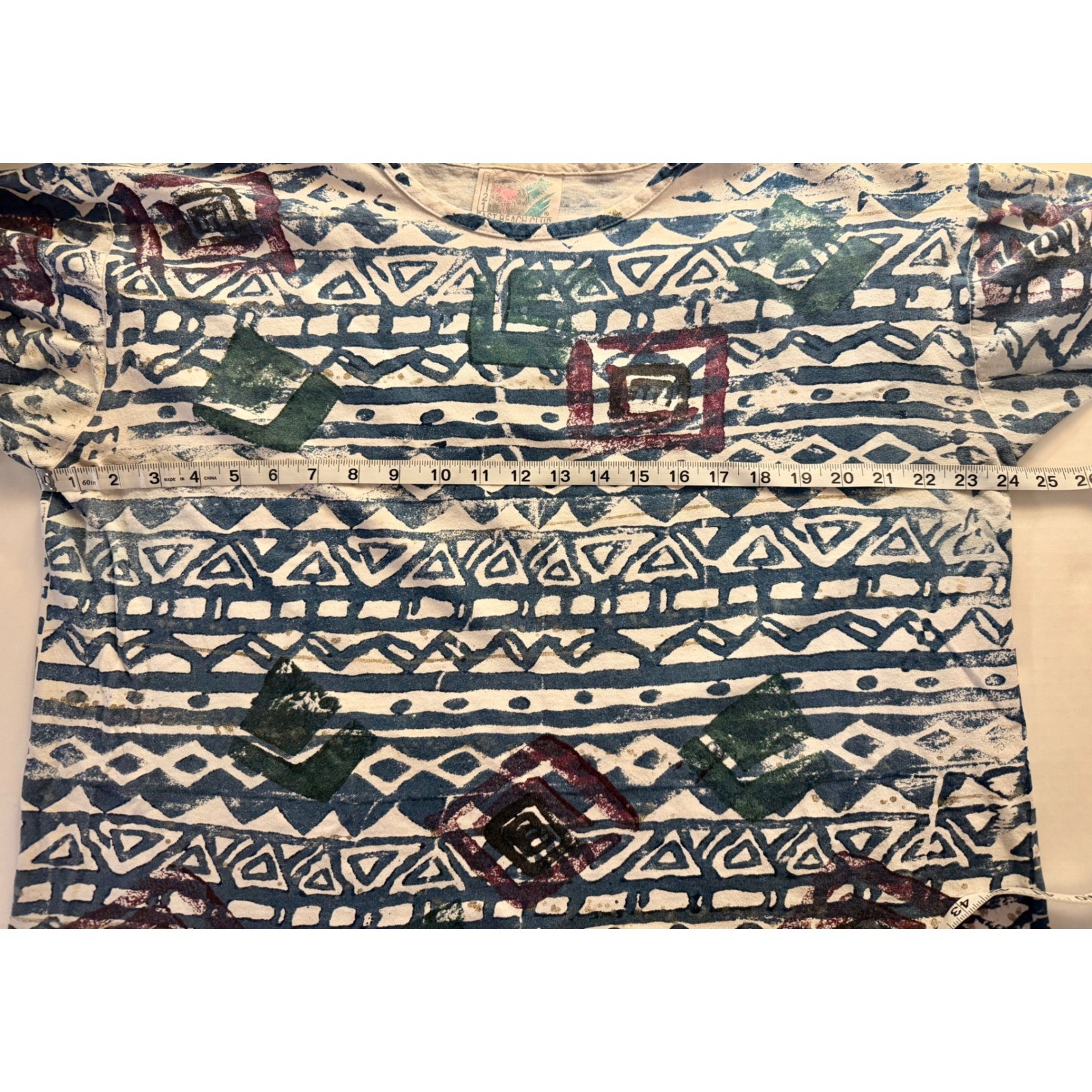 90s Vintage XL Boxy Cotton Retro Geometric Block Print Blue Purple Green Kidcore