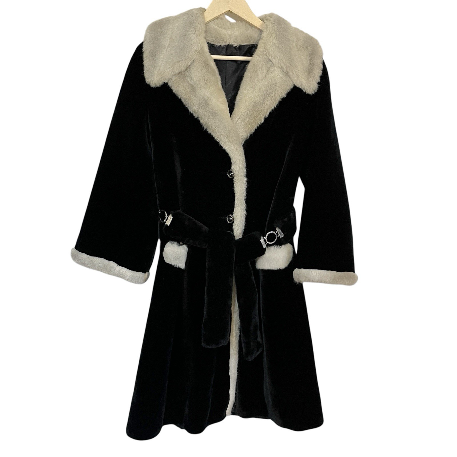 VTG 70s Borgazia Black Velour With Lt Gray Faux Fur Belted Coat Russel Taylor