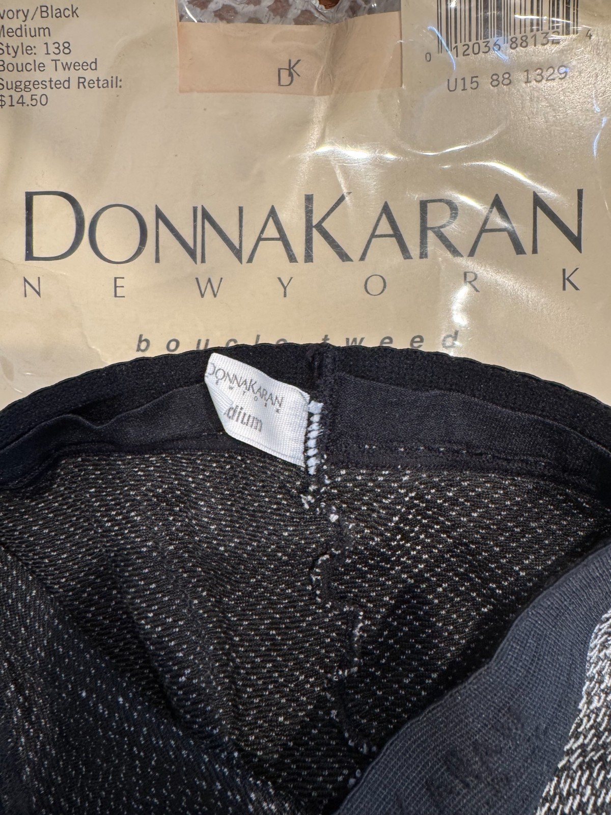 Vintage Donna Karan New York 138 Boucle Tweed Stockings Ivory/ Black Size Med (L