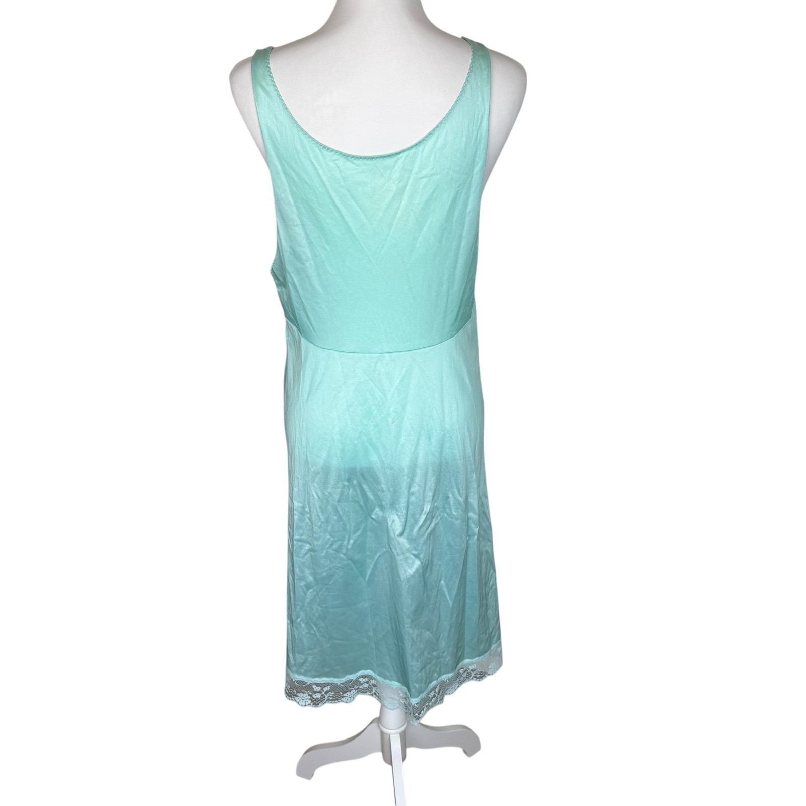 Vintage Aqua Mint Green Lace Trim Full Slip Dress V-Neck Nightgown 34 Bust M