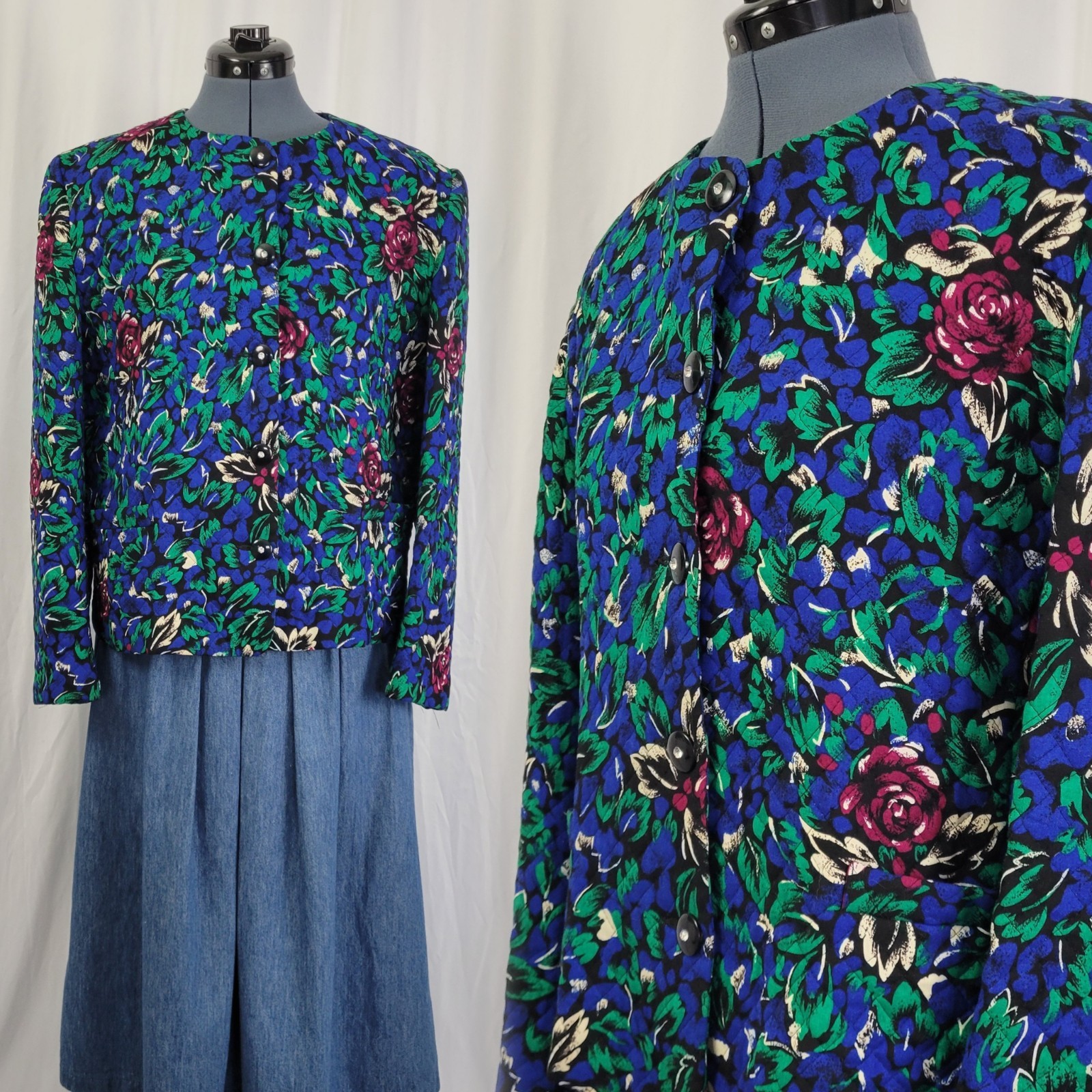 Vtg Stephen Douglas Ltd Blue & Green w Purple Flowers Quilted Jacket Size 14