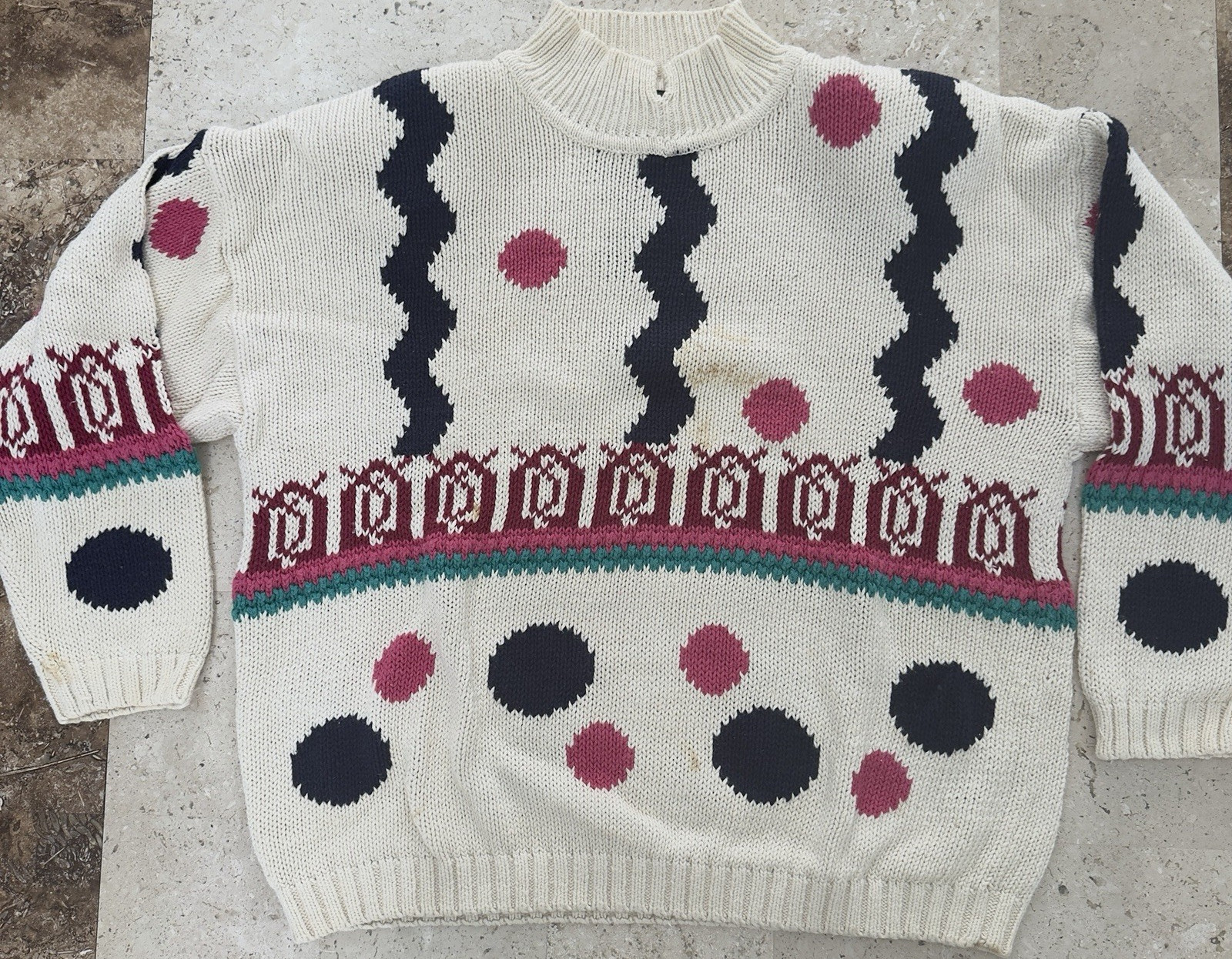 PASTA 1980s Geometric Sweater White Pink Black Green Ramie Cotton Size L