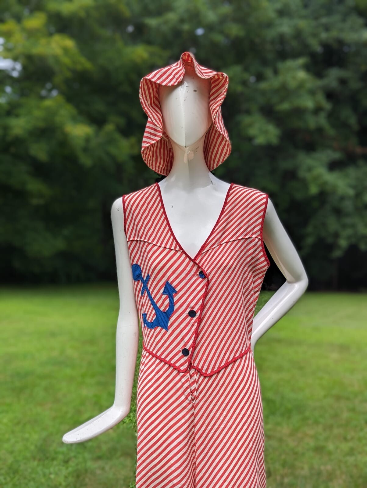 NAUTICAL THEME VINTAGE 1930’S CANDY CANE STRIPED BEACH PAJAMAS ROMPER W HAT