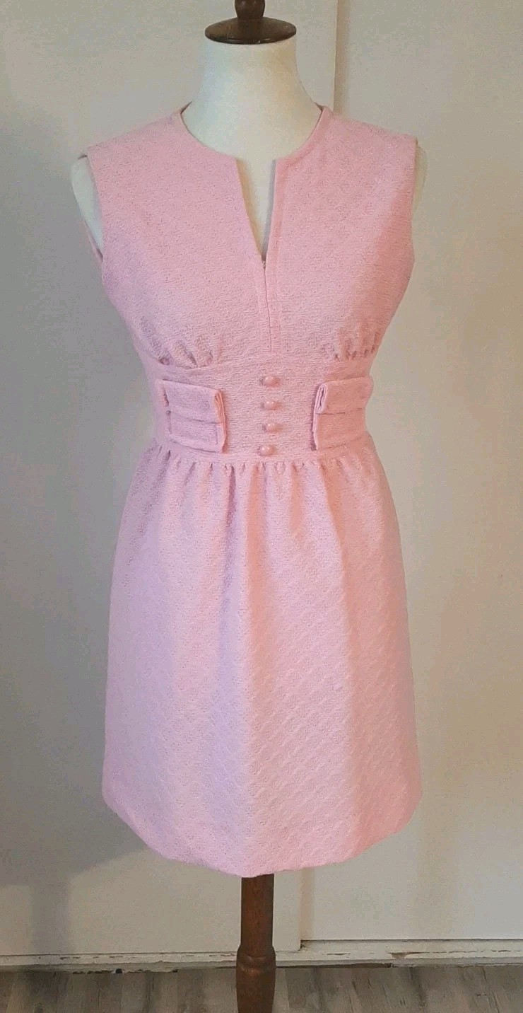 Vtg 60s70s Mod Gogo Mini Party Dress Pink Textured Sz9 Petite Carol Brent