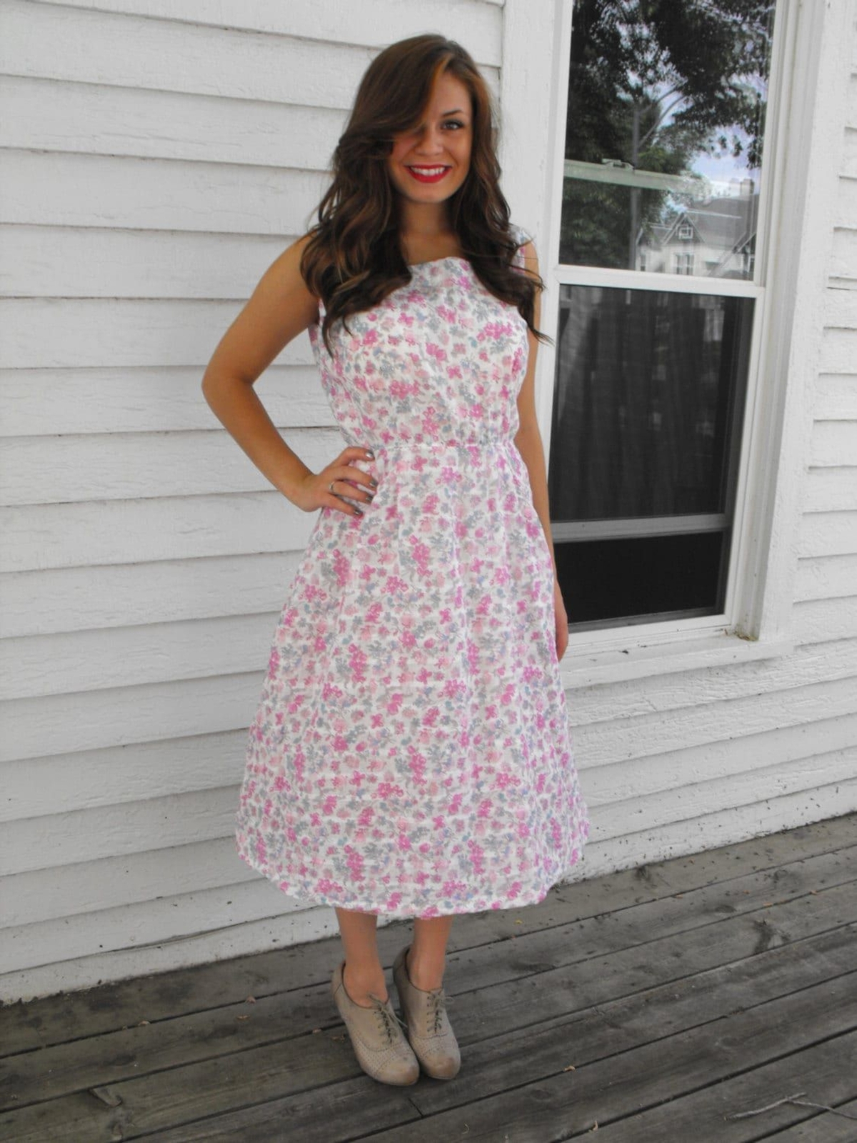 50s Dress Floral Print White Sleeveless Full Skirt Sheer M L 38 Bust Vintage