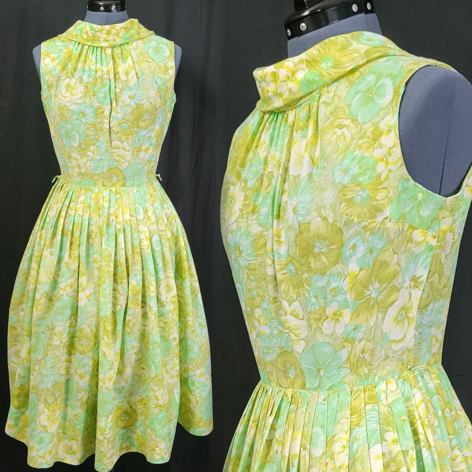Vintage Sir Rob Mint/Green/Yellow/White Floral Dress w Rolled Collar Size S?