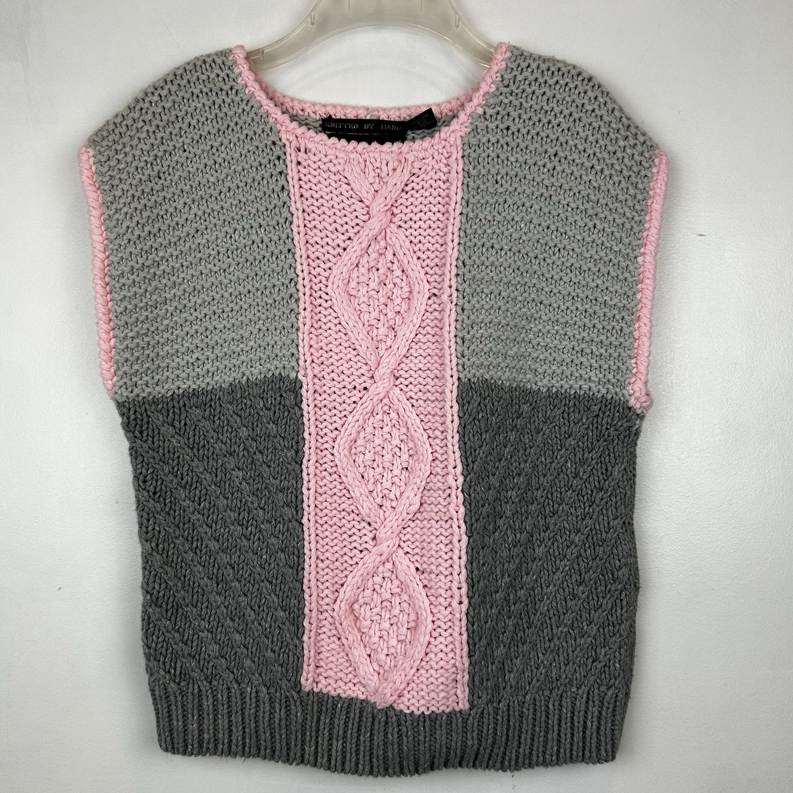 Vintage Sweater Vest Top Womens L Chunky Gray Pink Knit 80s Hand Knit Retro