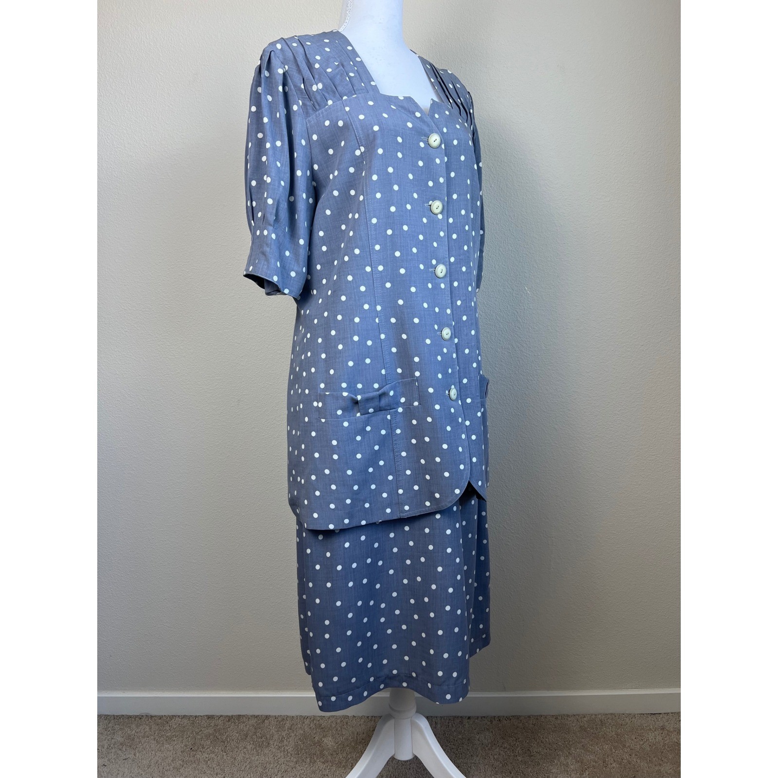VTG 80s Retro Modest Polka Dot Skirt Suit EU40 US 8/10 Button Front 2 Piece Set
