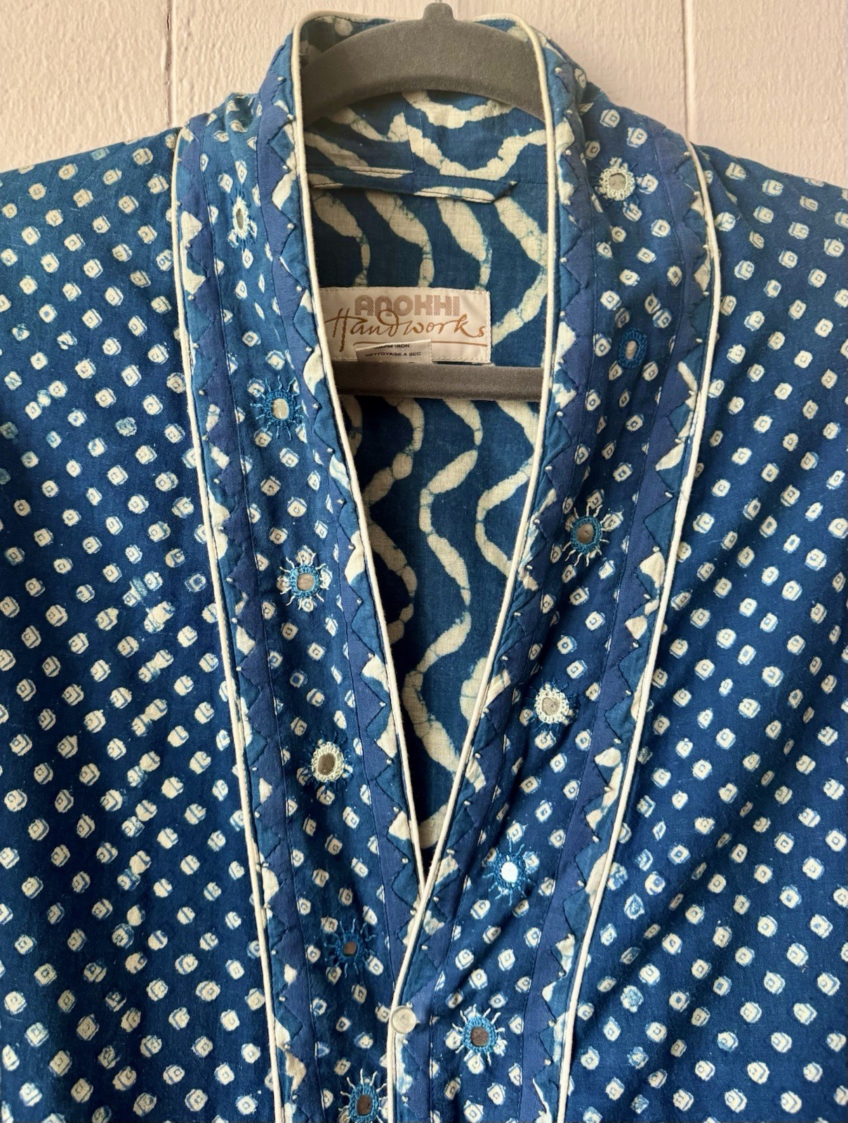 Vintage Anokhi Indian Hand Block Printed Indigo Cotton Kimono Cardigan Jacket