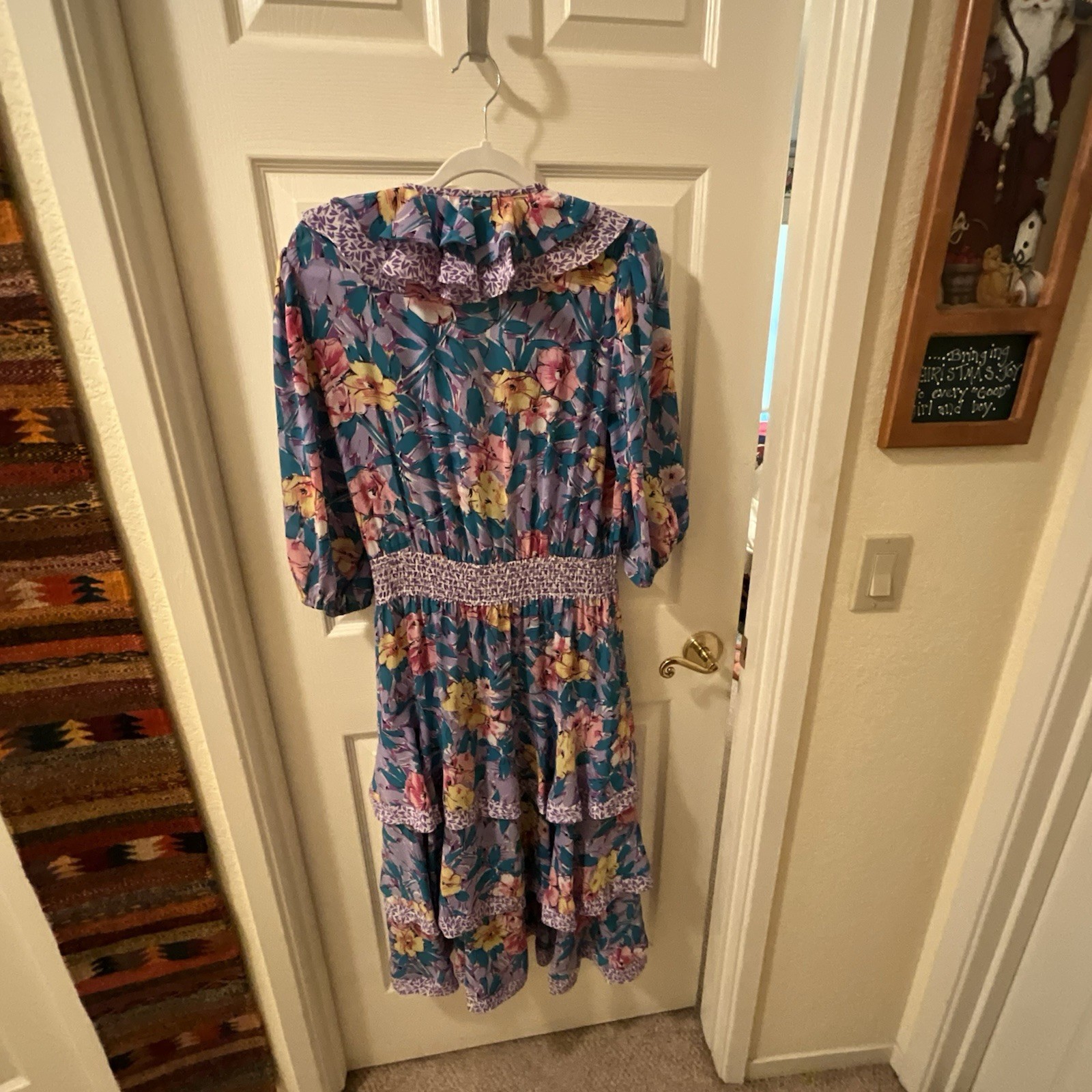 Vintage Susan Freis lavender/aqua Floral Ruffled Dress, Size Small VGUC