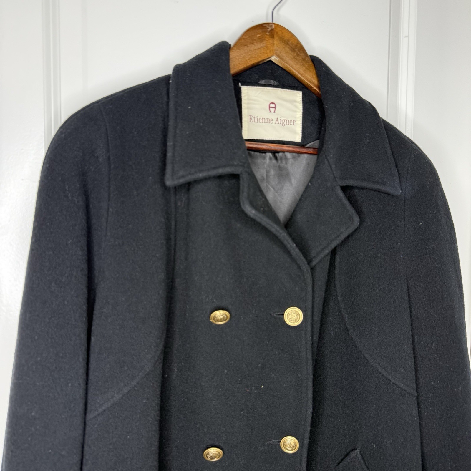 Etienne Aigner Vintage 100% Wool Pea Coat Black Gold Buttons Made in USA Size 12