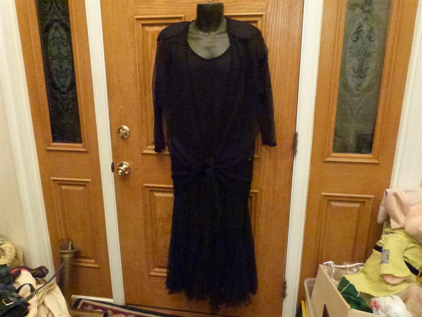 VTG 1980s black swiss polka dot flapper sheath long gothic dress & sheer jacket