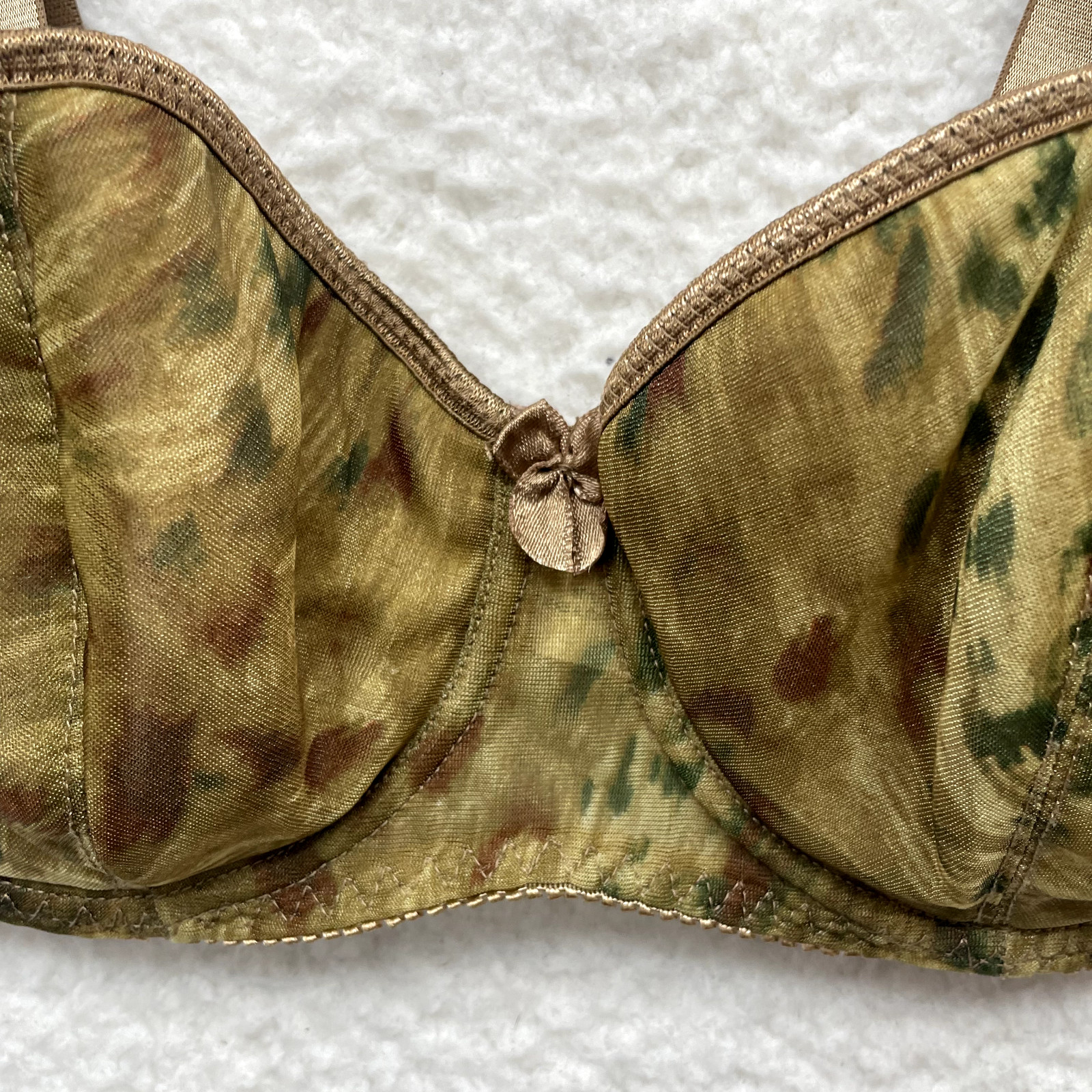 Vintage Bra 34C Balconette T-Shirt Tan Green Pattern Bow Underwire Lingerie Sexy