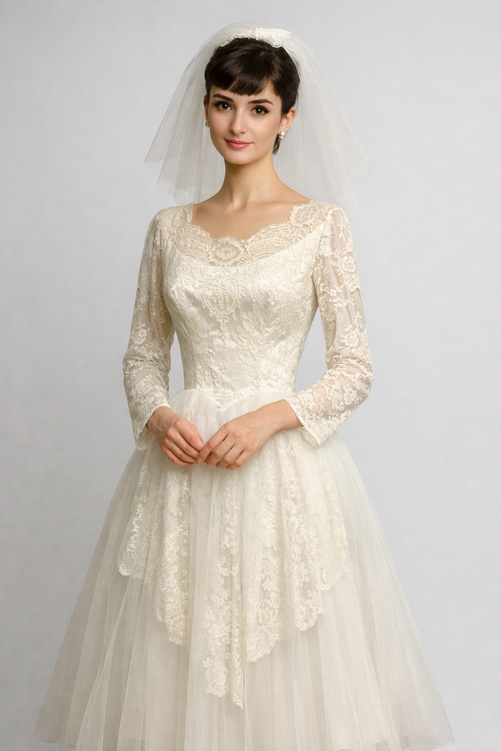 VTG 1950s 60s Lace Tea Length Wedding Dress XS Audrey Hepburn Modest MCM Bride