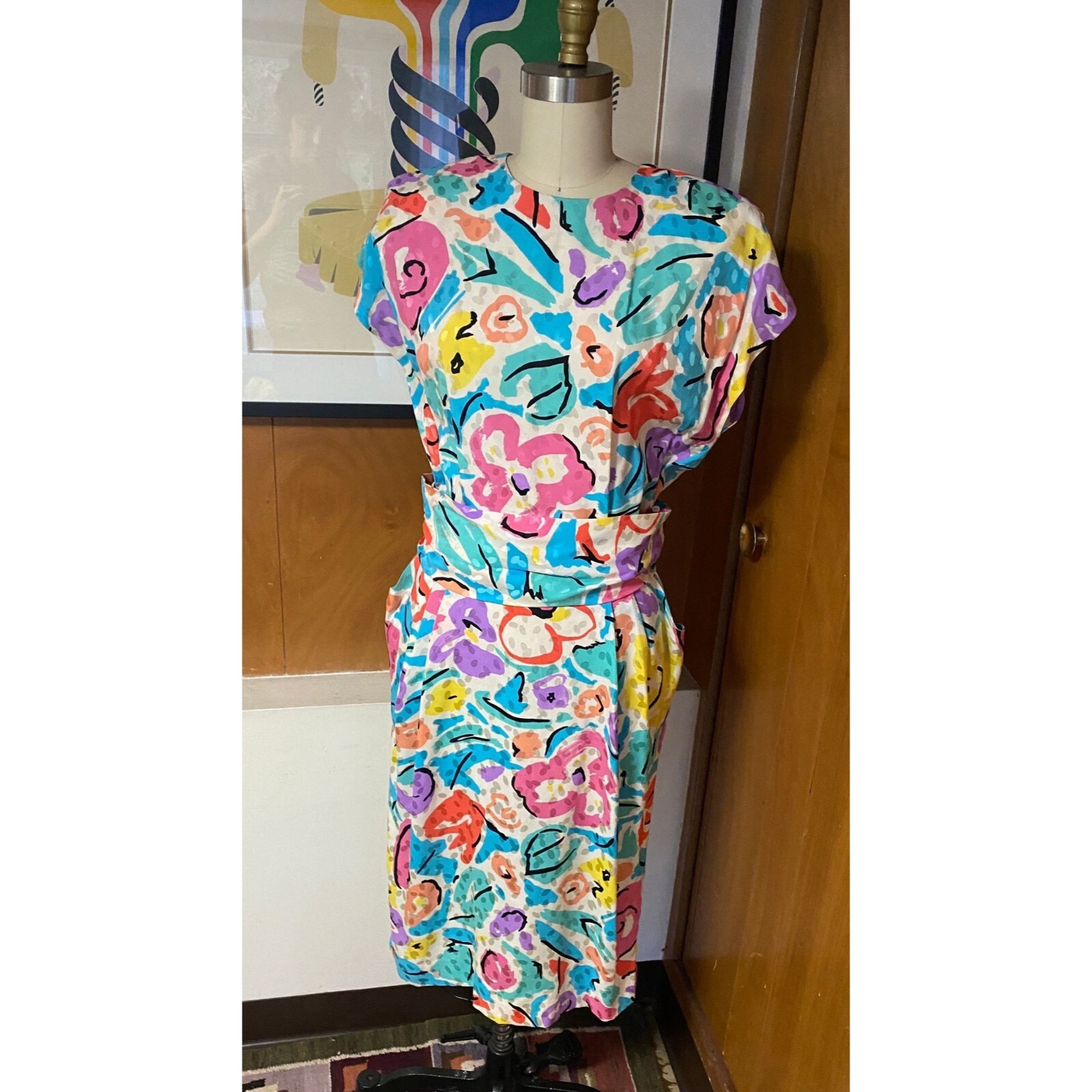 VTG Liz Claiborne Dress flower Sz P S M floral pastel silk 29″ waist 4 6 8