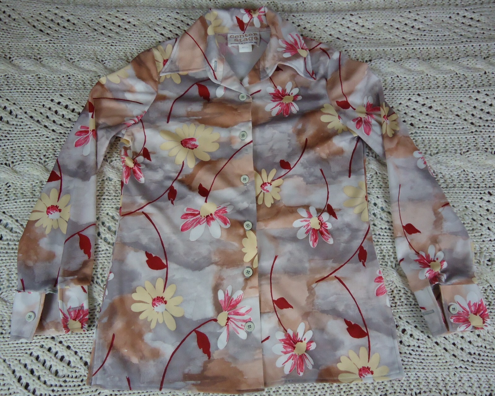 VTG Center Stage/Sue Ann Disco Long Sleeve Floral Size M Gray/Brown/Burgundy 70s