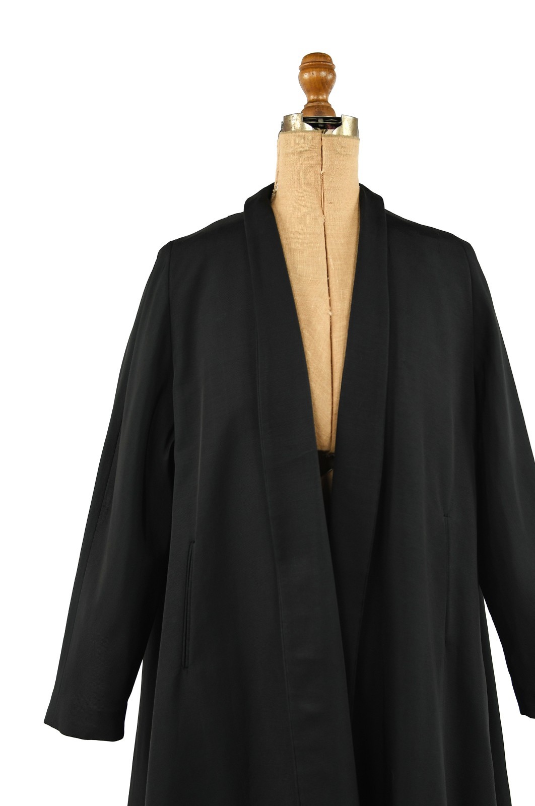 Vintage 40s Black Gabardine Open Front Shawl Collar A Line Art Deco Swing Coat