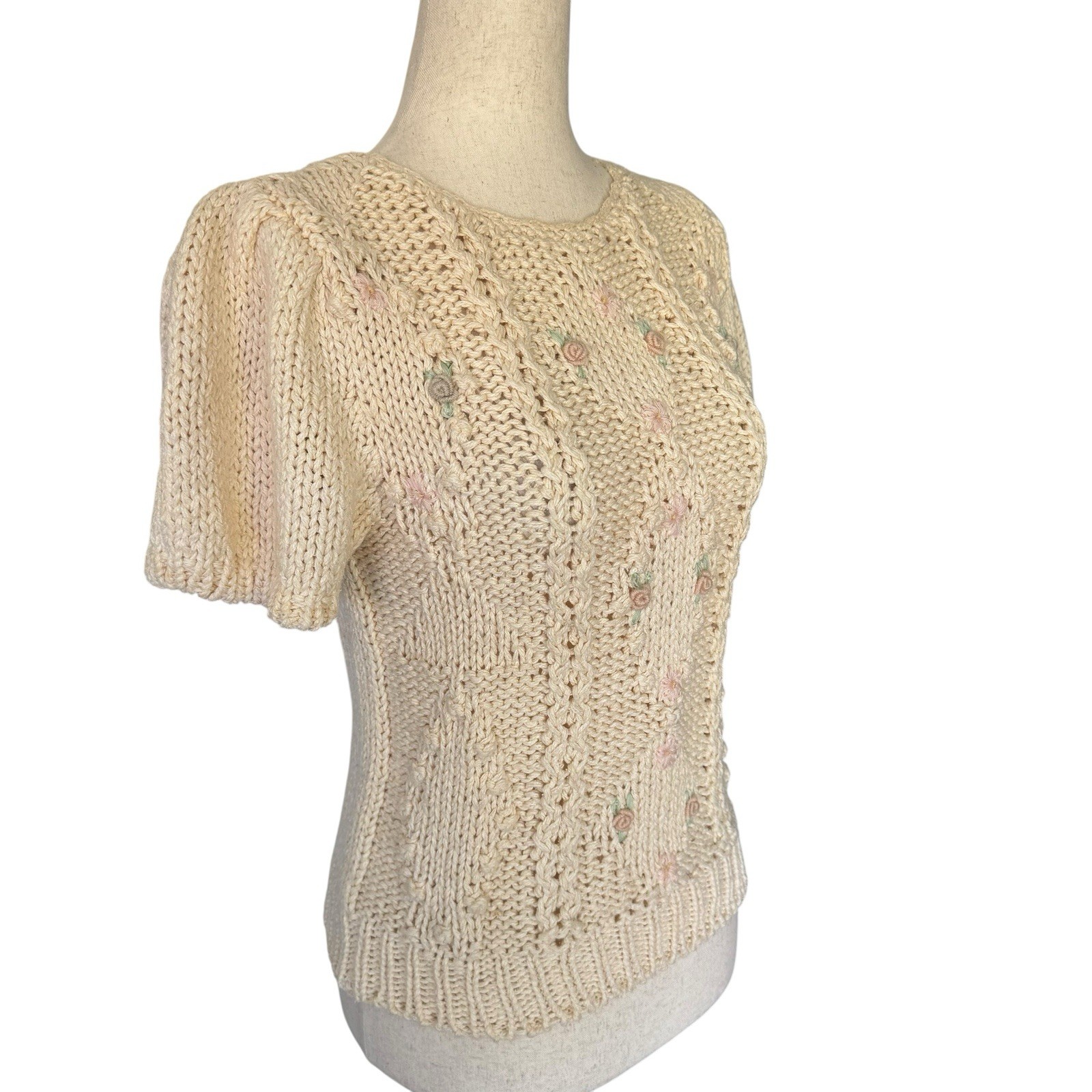 Vintage 80s Hand Knit Sweater Floral Embroidery Puff Sleeve Coquette Cottage