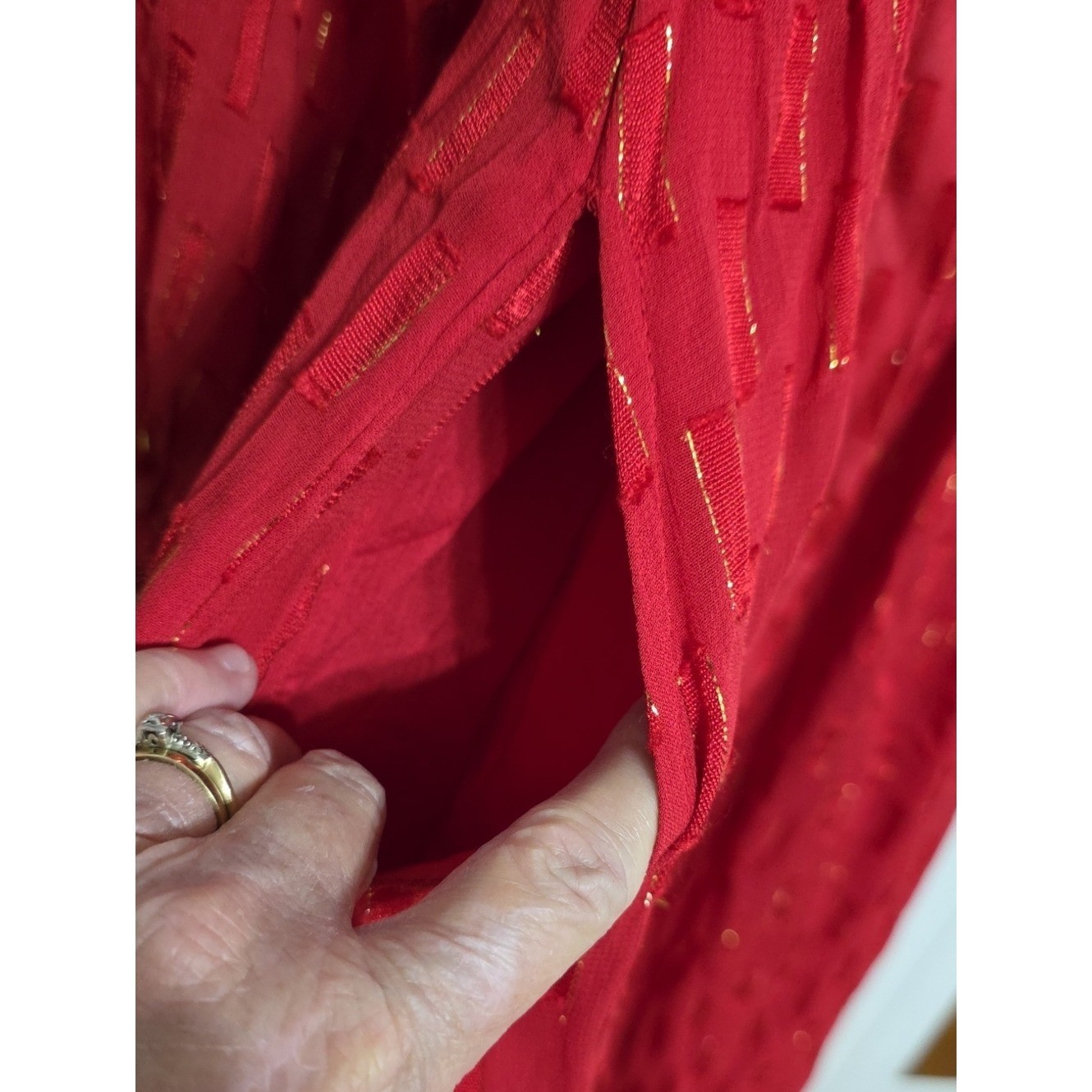 Anthropologie Long-Sleeve Dress Red W/Gold Threading Lined Flowy Gauzy Sz XS EUC