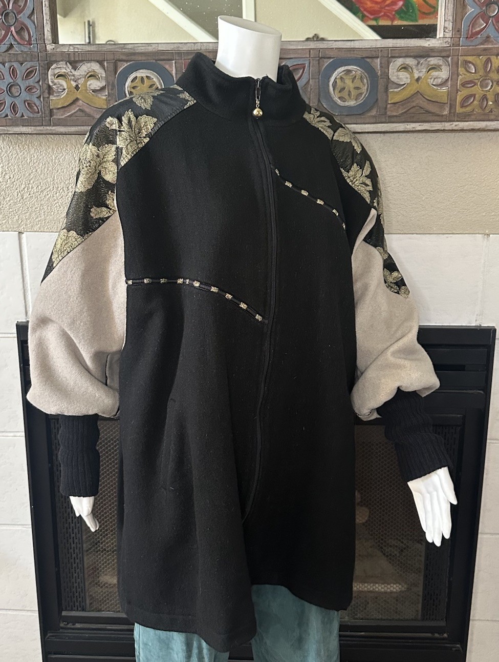Vtg Wool Coat XL Lady Suzette Black Gold 80s Glam Zip Up Jacket Bat Wing Sleeves