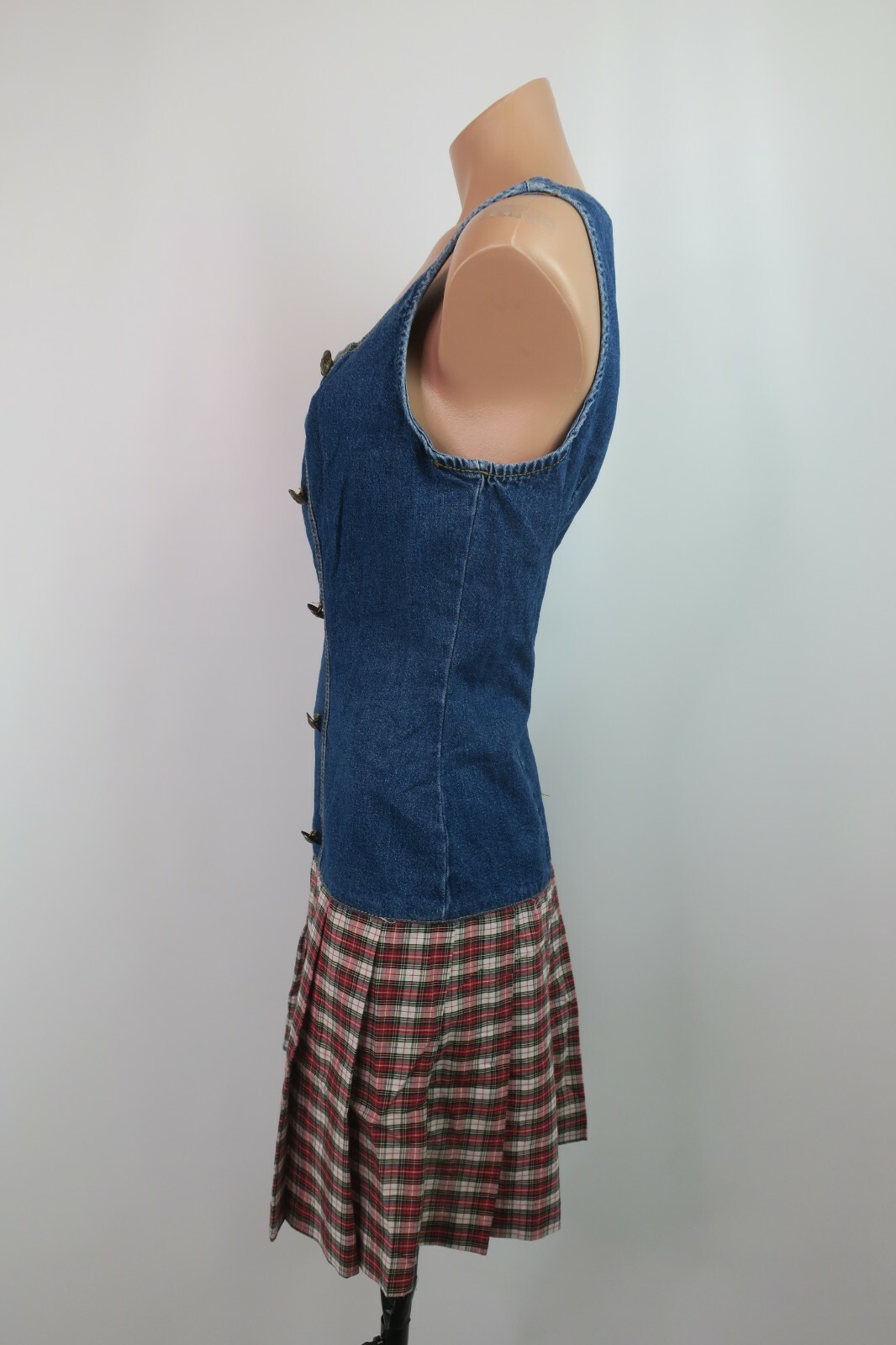 Plaid Pleated Rockabilly Grunge Dress y2k VTG 90s Paris Blues Denim Drop Waist