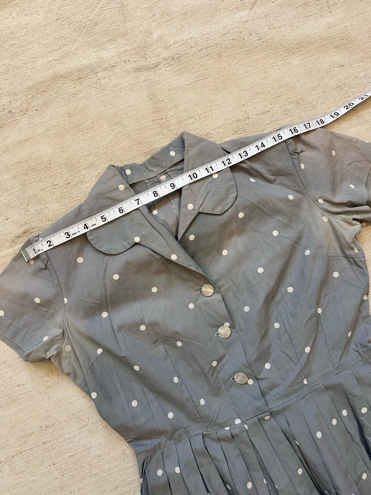 1950s Vintage Handmade French Cotton Farm Chore Dress Polkadot Grey Faded Small