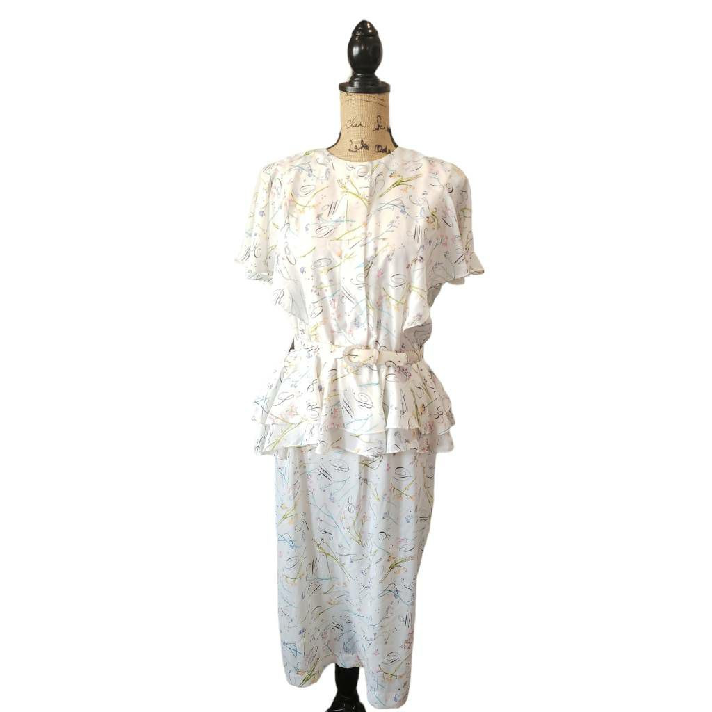 Ms Chaus Women’s Vintage Peplum Dress Floral Belt Flutter Sleeve 10 AA180
