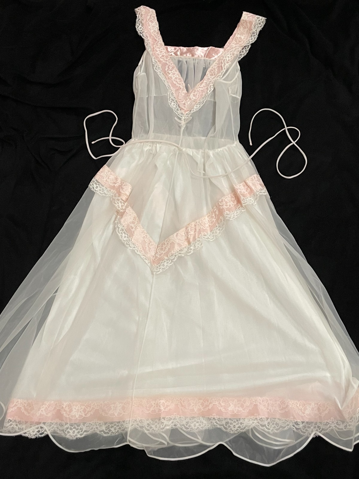 Vtg Double CHIFFON & Nylon NIGHTGOWN Dress FLORAL Lace White Pink Ribbon Eye-ful