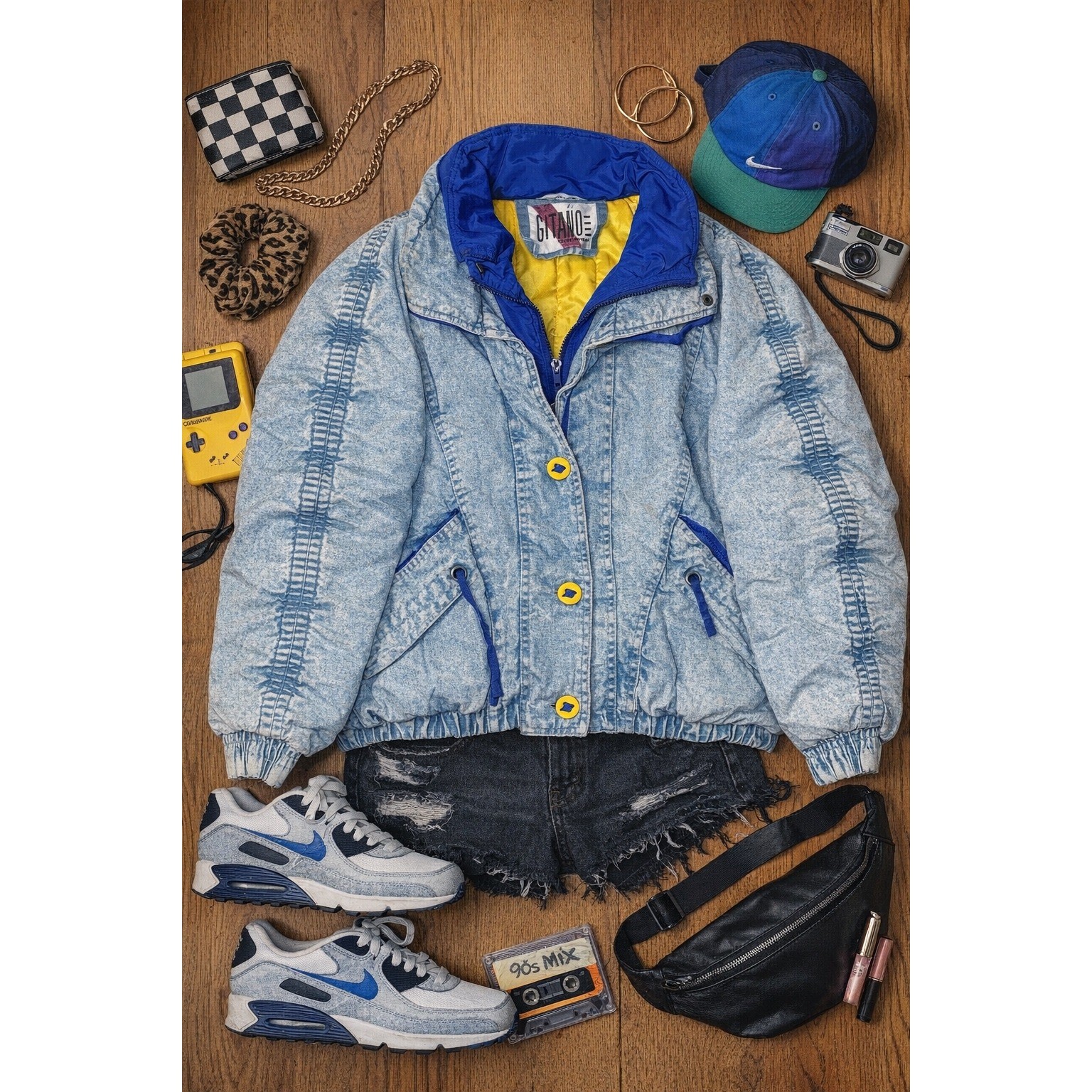 Vintage Gitano Acid Wash Denim Puffer Jacket Blue Yellow 80s 90s Streetwear M