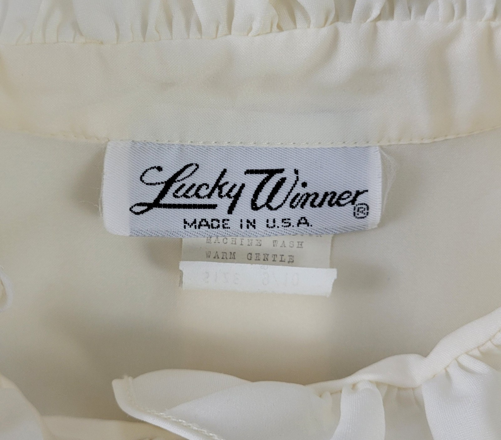 Vintage Lucky Winner Ivory S/S Blouse w Ruffled Collar & Placket Size 9/10