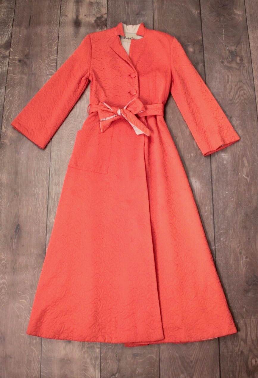 Vtg Women’s 40s Coral Orange Housecoat Robe 1940s HouseDress Darby Gaimes Sz S/M