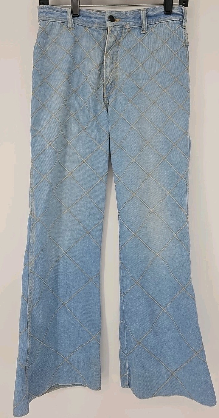 Vintage Womens Brittania Jeans 32L Patchwork Bell Bottom Flare Window Pane 70s