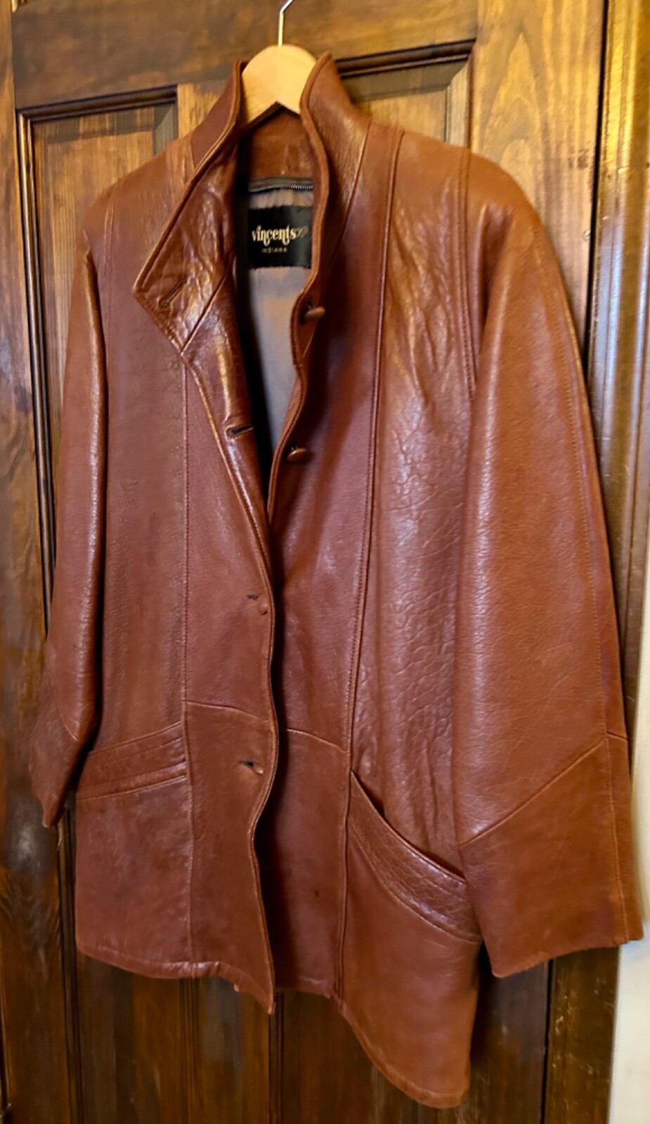Vintage Women’s Brown Leather Slouch Car Coat Jacket SZ M 44” Vincent’s Indiana