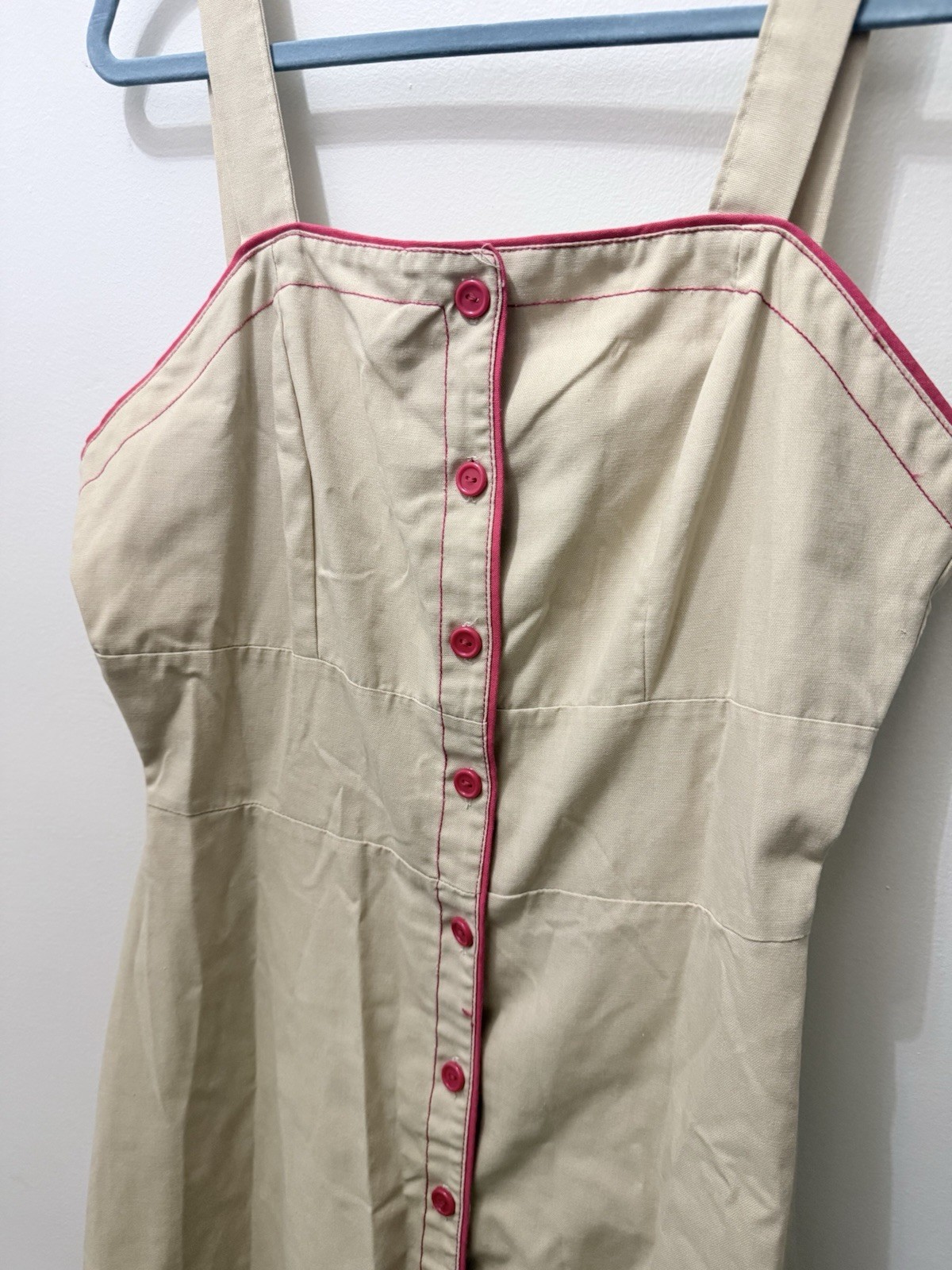 Vintage 70s Family Fashions Avon Tan Khaki Jumper Dress Red Pin Up A Line M L