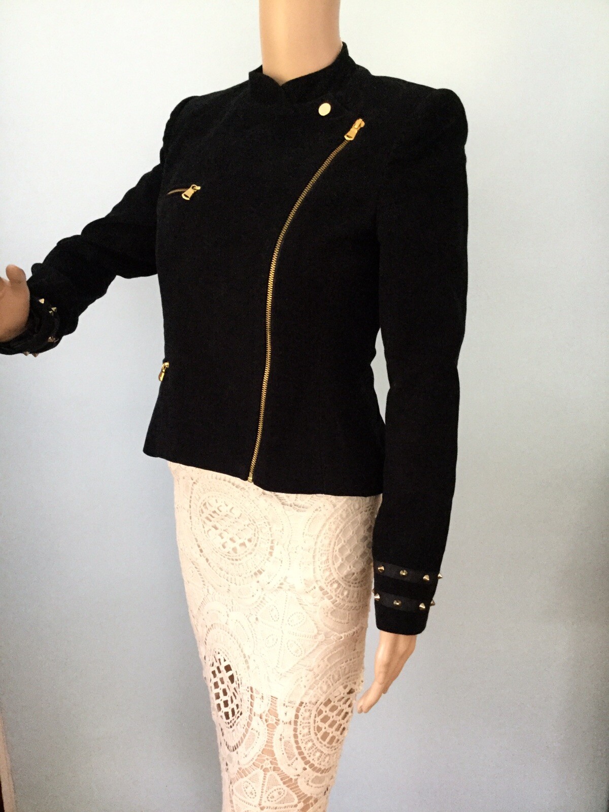 Elegant Gold Stud Zipper Zara Black Trafaluc Moto Jacket Coat Womens M Biker