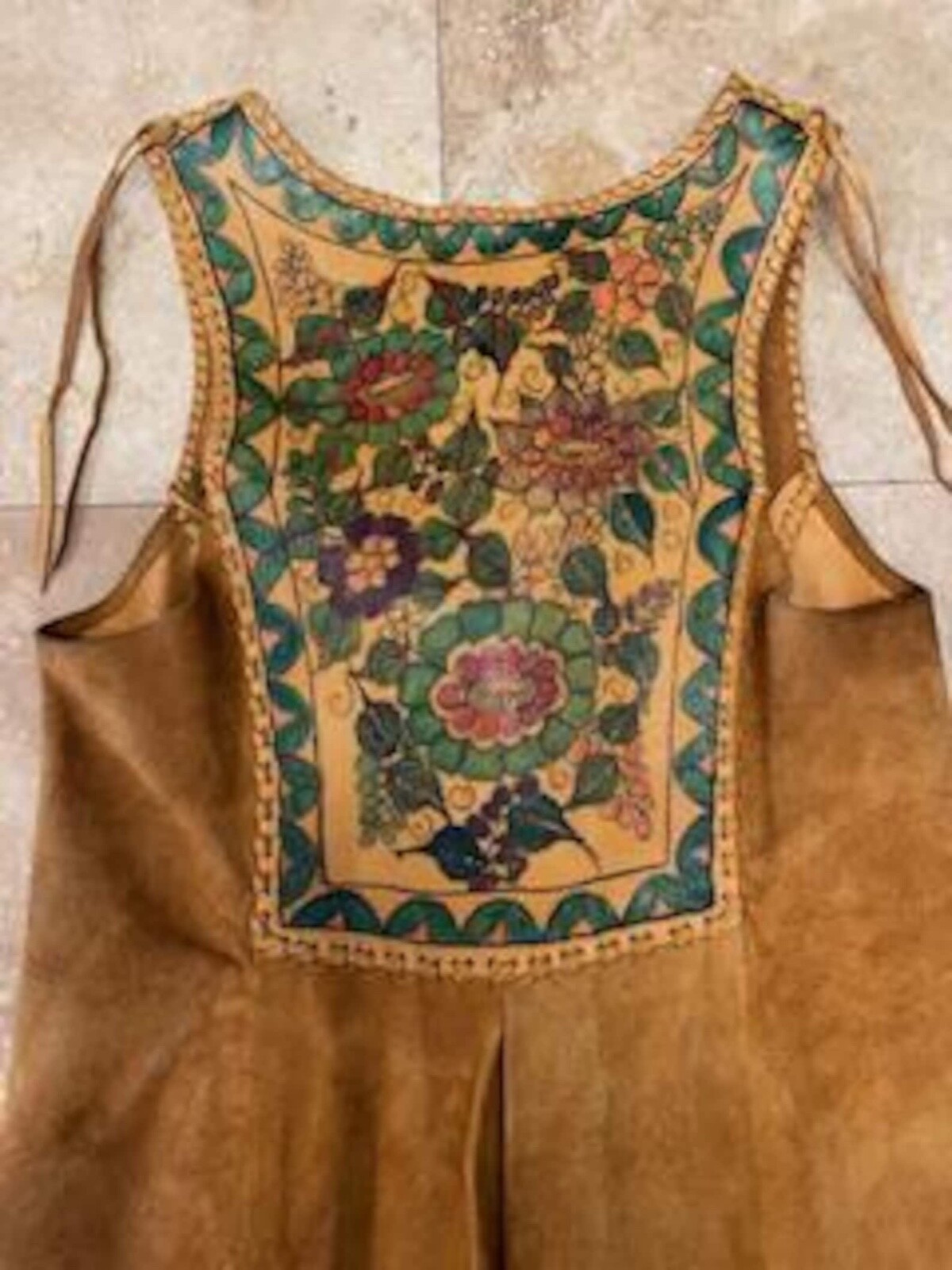 Vintage 70s Char Leather Vest Jacket Duster Hand Painted Whipstitched Hippy Boho