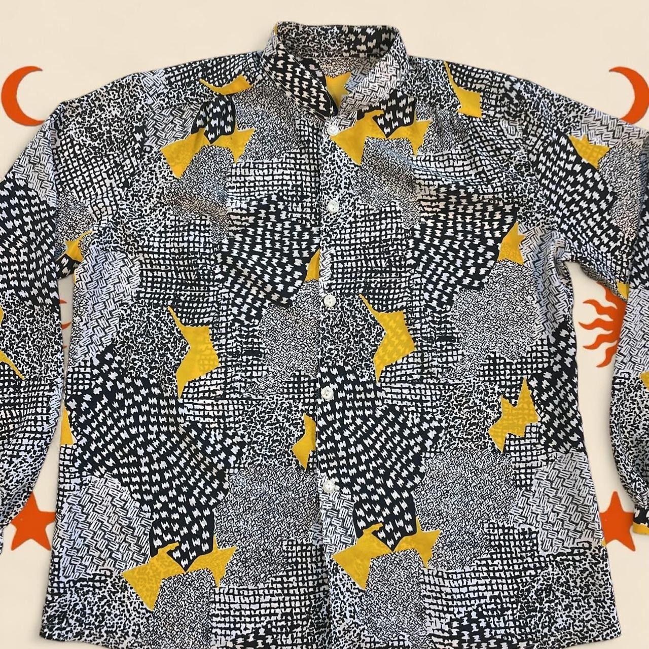 Vintage 80s Women’s Blouse Colorful Black White Yellow Mix Print Secretary Retro