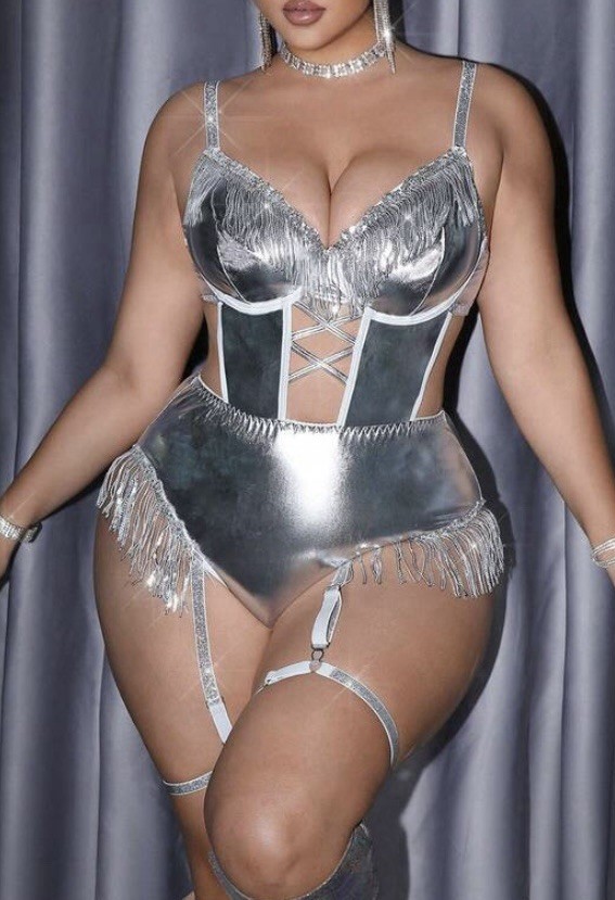NEW Metallic Silver PU Teddy Bodysuit 1X Garters & Bands Sequins Tassels FUN!!