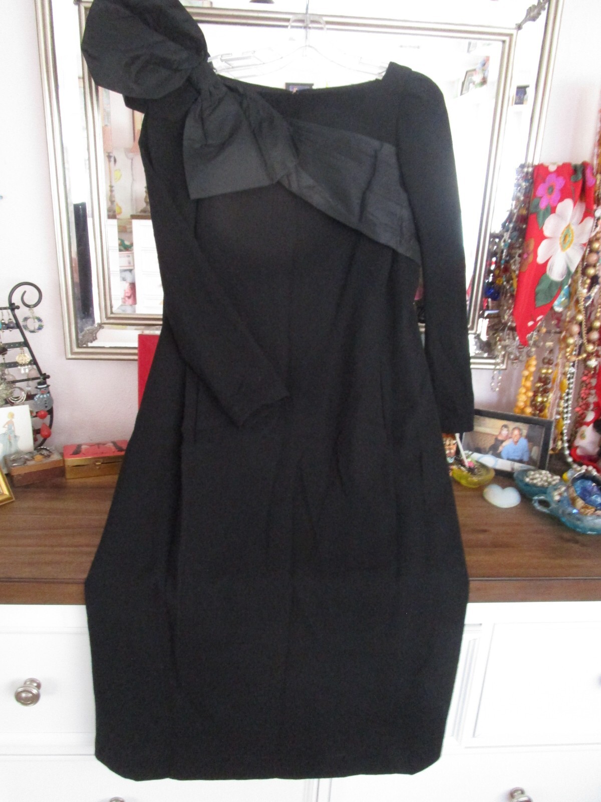 VINTAGE DRESS~designer JILL RICHARDS~TAGS~TAFFETA BOW SASH~LONG SLEEVE pocket M